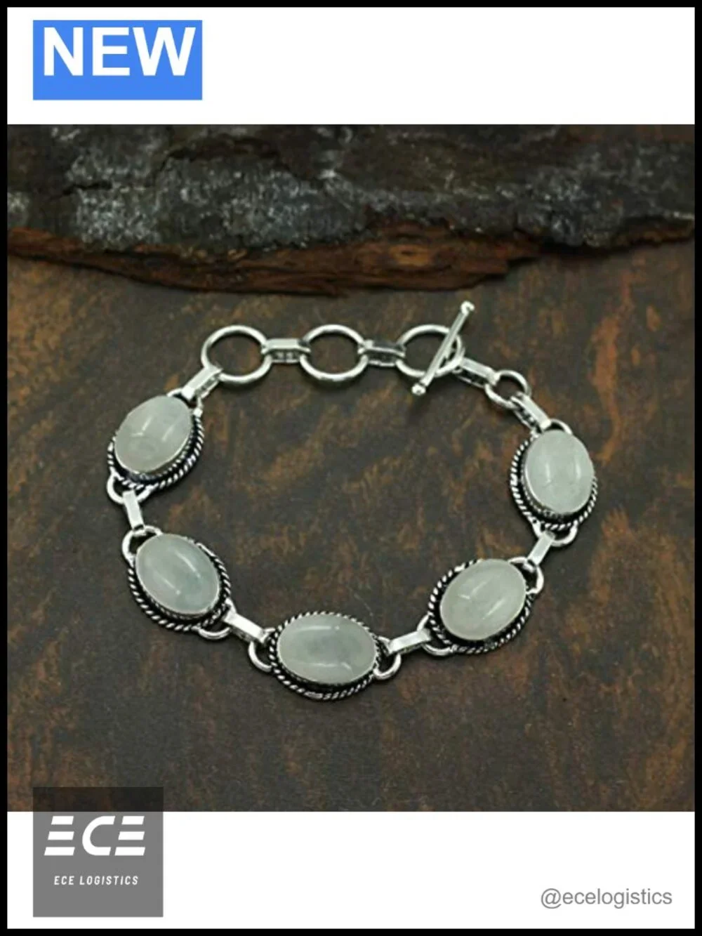 Sterling Silver Plated Natural Aquamarine Oval Link Bracelet 7.5 Inch
